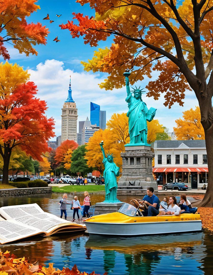 A picturesque scene showcasing a joyful family exploring scenic New Jersey landmarks while reviewing important documents. Capture the essence of memorable moments with smiling faces, colorful autumn leaves, and iconic locations like the Statue of Liberty and a cozy New Jersey diner in the background. Incorporate elements like floating documents transforming into butterflies to symbolize the transformation of experience. super-realistic. vibrant colors. 3D.