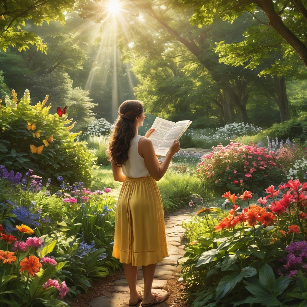 A serene New Jersey landscape with a person blissfully enjoying nature, surrounded by lush greenery and vibrant flowers, holding a document that symbolizes joy and discovery. In the background, soft sunlight filters through trees, creating an inviting atmosphere. Include elements that represent happiness and freedom like butterflies and birds. super-realistic. vibrant colors. peaceful ambiance.