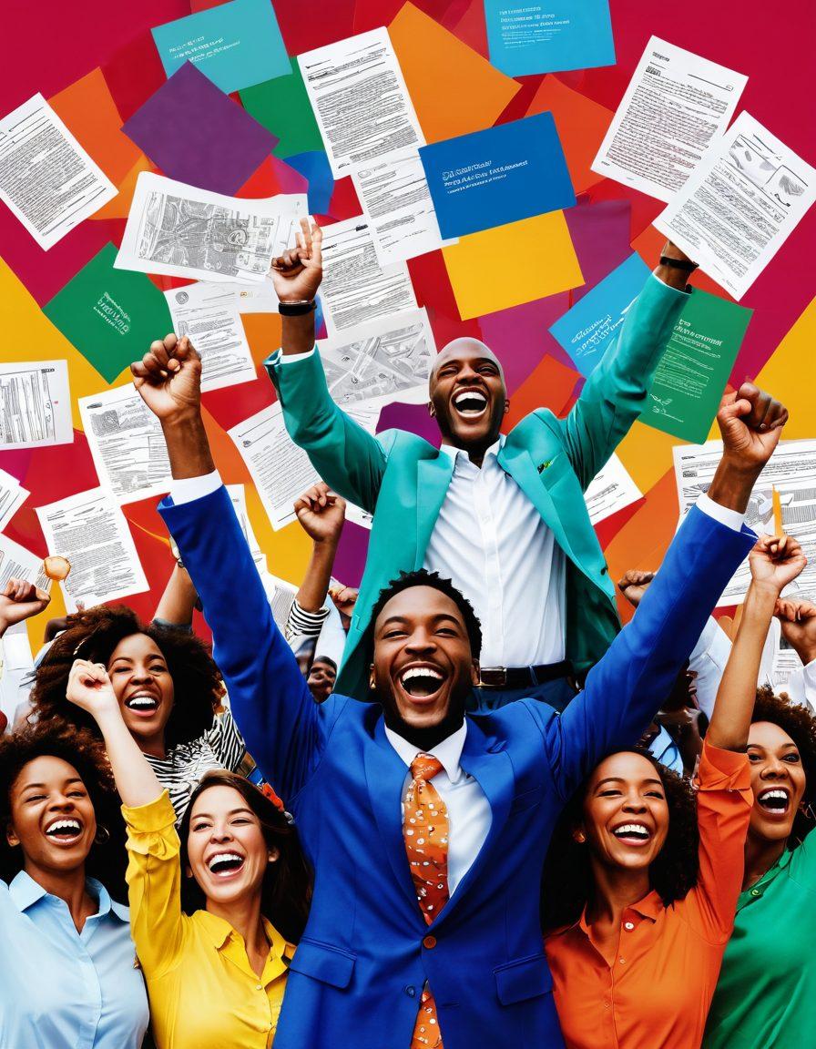 A vibrant collage of people celebrating with joy, surrounded by colorful NJ official documents fluttering in the air. Include elements like a cheerful couple holding a completed application, a diverse group raising their hands in excitement, and iconic NJ landmarks in the background. Integrate symbols of guidance like compasses and lightbulbs to signify tips. The overall atmosphere should be uplifting and encouraging. super-realistic. vibrant colors. white background.